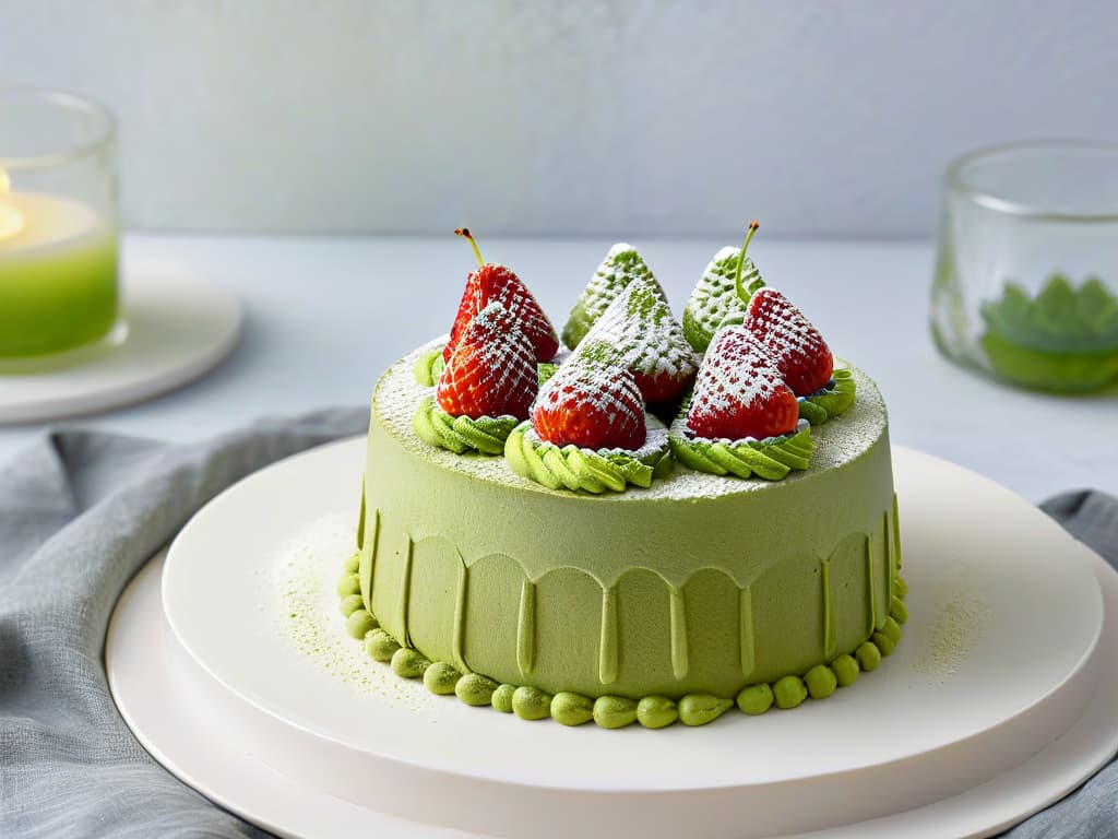  A serene image of a delicate matcha green tea cake topped with vibrant fresh strawberries and a dusting of matcha powder, set on a simple, elegant white plate against a clean, minimalist backdrop. The cake is beautifully textured, showcasing layers of moist sponge infused with the earthy flavor of matcha, inviting the viewer to indulge in a healthy and delicious treat. The strawberries provide a pop of contrasting color, adding a touch of freshness and visual appeal to the composition. The overall aesthetic is modern, sophisticated, and visually captivating, perfectly complementing the theme of the article on healthy matcha desserts. hyperrealistic, full body, detailed clothing, highly detailed, cinematic lighting, stunningly beautiful, intricate, sharp focus, f/1. 8, 85mm, (centered image composition), (professionally color graded), ((bright soft diffused light)), volumetric fog, trending on instagram, trending on tumblr, HDR 4K, 8K