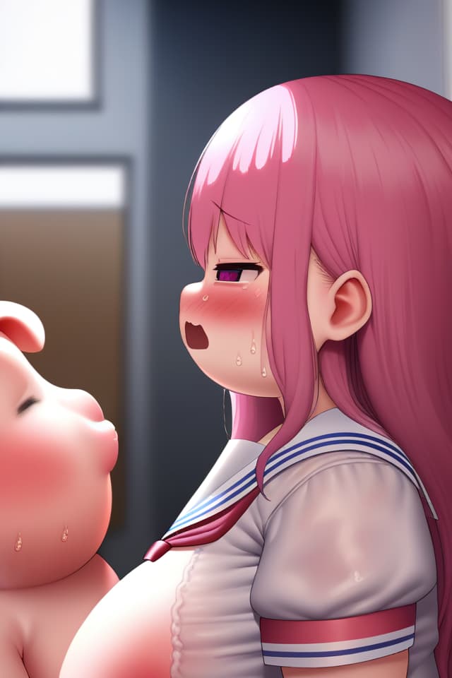  RAW photorealistic、extremely obese pig girl:1.2、pink colored long hair、(((bright deep pink colored droopy pig's ears、ultra detailed plump & fat face sweaty smile、wavy mouth)))、((in the clroom:1.6、sweaty blush expression、from side、sailor uniform))、blurred background、best quality:1.4、masterpiece:1.4、ultra detailed texture、absurd resolution、8K illustration、💩、💩、💩、