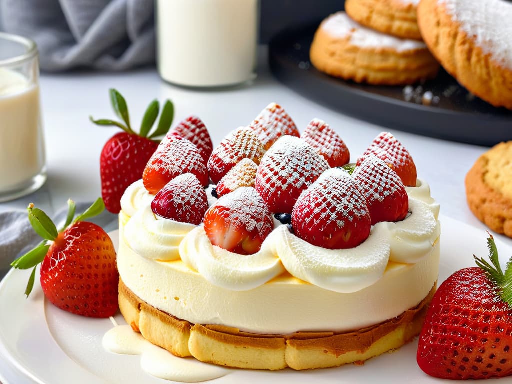  An ultradetailed closeup image of a perfectly golden and crispy almond flour biscuit fresh out of the oven, topped with a dollop of rich, velvety sugarfree whipped cream and a sprinkling of vibrant, fresh strawberries. The biscuit is perfectly flaky, with visible layers, and the whipped cream is elegantly swirled on top, creating a visually striking contrast against the deep golden hue of the biscuit. The strawberries are plump, glossy, and enticingly red, adding a pop of color to the composition. The image is captured in such high resolution that every tiny detail, from the delicate flakiness of the biscuit to the glistening droplets of whipped cream, is crystal clear and incredibly lifelike. hyperrealistic, full body, detailed clothing, highly detailed, cinematic lighting, stunningly beautiful, intricate, sharp focus, f/1. 8, 85mm, (centered image composition), (professionally color graded), ((bright soft diffused light)), volumetric fog, trending on instagram, trending on tumblr, HDR 4K, 8K