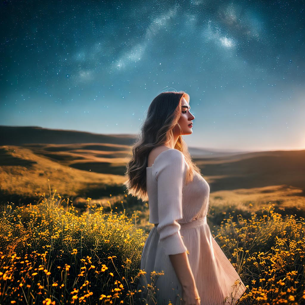  This masterpiece is a stunning depiction of a starry night, with the best quality, 8k resolution, and high detailed. The main subject of the scene is a girl standing in an open field. The main elements of the scene include a vast expanse of stars ((twinkling brightly)), a crescent moon ((illuminating the surroundings)), cool hues of blues and purples ((creating a mystical atmosphere)), and a slight breeze ((gently rustling the girl's hair)). hyperrealistic, full body, detailed clothing, highly detailed, cinematic lighting, stunningly beautiful, intricate, sharp focus, f/1. 8, 85mm, (centered image composition), (professionally color graded), ((bright soft diffused light)), volumetric fog, trending on instagram, trending on tumblr, HDR 4K, 8K
