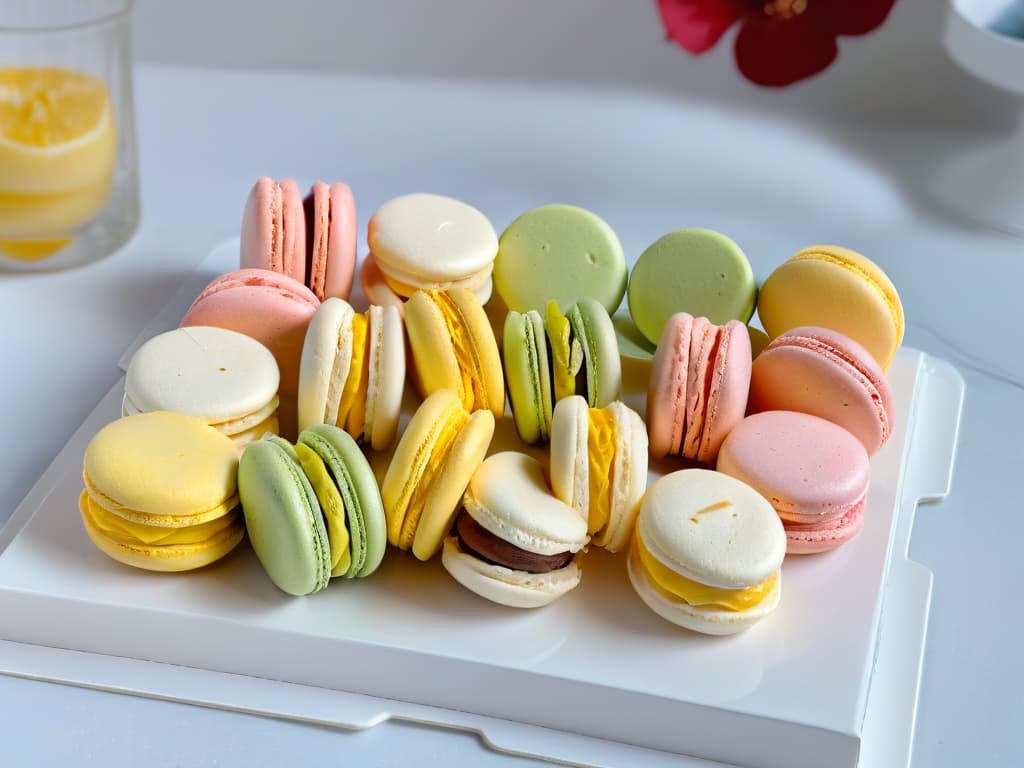  A closeup, ultradetailed image of a perfectly baked tray of pastelcolored macarons, showcasing their smooth, glossy shells and delicate feet. Each macaron is flawlessly piped and filled, with a variety of flavors and vibrant colors like pistachio green, rose pink, lavender purple, and lemon yellow. The background is a pristine white marble countertop, emphasizing the elegance and precision required to master these French delicacies. The lighting highlights the intricate details of the macarons, making them appear almost too perfect to eat. hyperrealistic, full body, detailed clothing, highly detailed, cinematic lighting, stunningly beautiful, intricate, sharp focus, f/1. 8, 85mm, (centered image composition), (professionally color graded), ((bright soft diffused light)), volumetric fog, trending on instagram, trending on tumblr, HDR 4K, 8K