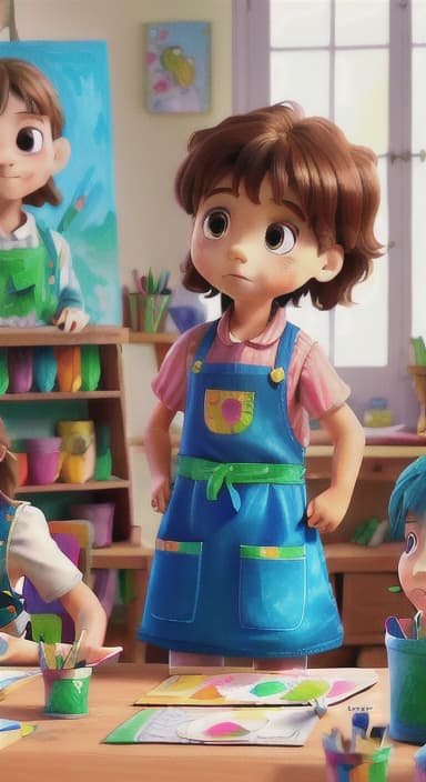  {Children gathered around a table full of paints, brushes, and paper., Kids wearing aprons, concentrating on their painting with bright colors on paper.