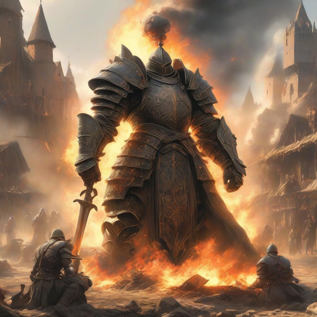  A man on his knees, his back towards the viewer, a suit of armor covered in mud on the man, a wooden city is burning in the background, smoke and fire rising towards the sky, medieval style. hyperrealistic, full body, detailed clothing, highly detailed, cinematic lighting, stunningly beautiful, intricate, sharp focus, f/1. 8, 85mm, (centered image composition), (professionally color graded), ((bright soft diffused light)), volumetric fog, trending on instagram, trending on tumblr, HDR 4K, 8K