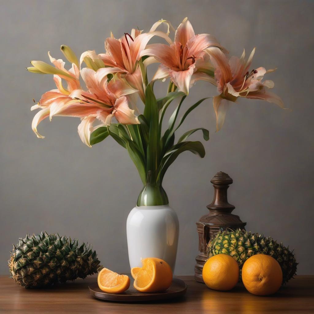  One banana, one orange, and one pineapple stand next to a beautiful vase, there's a vase with white lilies and red roses next to it, on the table stands a candle in a lovely candlestick holder, in the background is a still life, Dutch painting from the 17th century, high level of brushwork details. hyperrealistic, full body, detailed clothing, highly detailed, cinematic lighting, stunningly beautiful, intricate, sharp focus, f/1. 8, 85mm, (centered image composition), (professionally color graded), ((bright soft diffused light)), volumetric fog, trending on instagram, trending on tumblr, HDR 4K, 8K