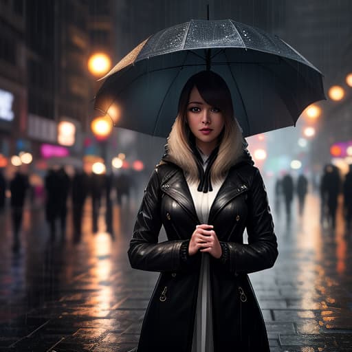  A girl under the rain in the city, soaked, alone. hyperrealistic, full body, detailed clothing, highly detailed, cinematic lighting, stunningly beautiful, intricate, sharp focus, f/1. 8, 85mm, (centered image composition), (professionally color graded), ((bright soft diffused light)), volumetric fog, trending on instagram, trending on tumblr, HDR 4K, 8K