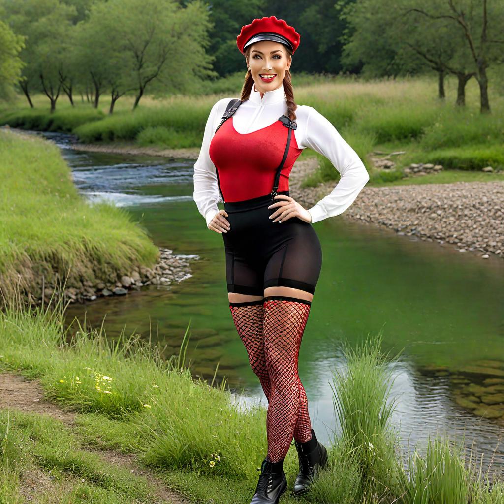  , Full Body photograph of old white fair skinned Woman with high cheekbones, visually striking, conventionally attractive face with Happy face, brown hair in pigtails and ponytail hairstyle athletic body with medium s, small hips, medium muscle tone, (wearing beret, red zier with black straps, fishnet stockings with garter)++, background is a meadow by a stream, photorealistic, 8k, highly detailed, ultra realistic, masterpiece, hyper detailed, cinematic lighting hyperrealistic, full body, detailed clothing, highly detailed, cinematic lighting, stunningly beautiful, intricate, sharp focus, f/1. 8, 85mm, (centered image composition), (professionally color graded), ((bright soft diffused light)), volumetric fog, trending on instagram, trending on tumblr, HDR 4K, 8K