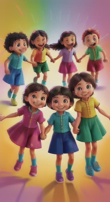  {A bright and colorful book cover with a group of happy children holding hands in a circle., Children of various ethnicities. They are smiling and wearing colorful clothing.