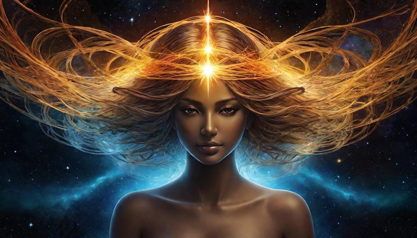  （surrealism)Glowing strands of light intertwining around a central, ethereal figure, radiating warmth and connection, spiritual energies, universal support, alignment with the cosmos mystic, intricate details, best quality)