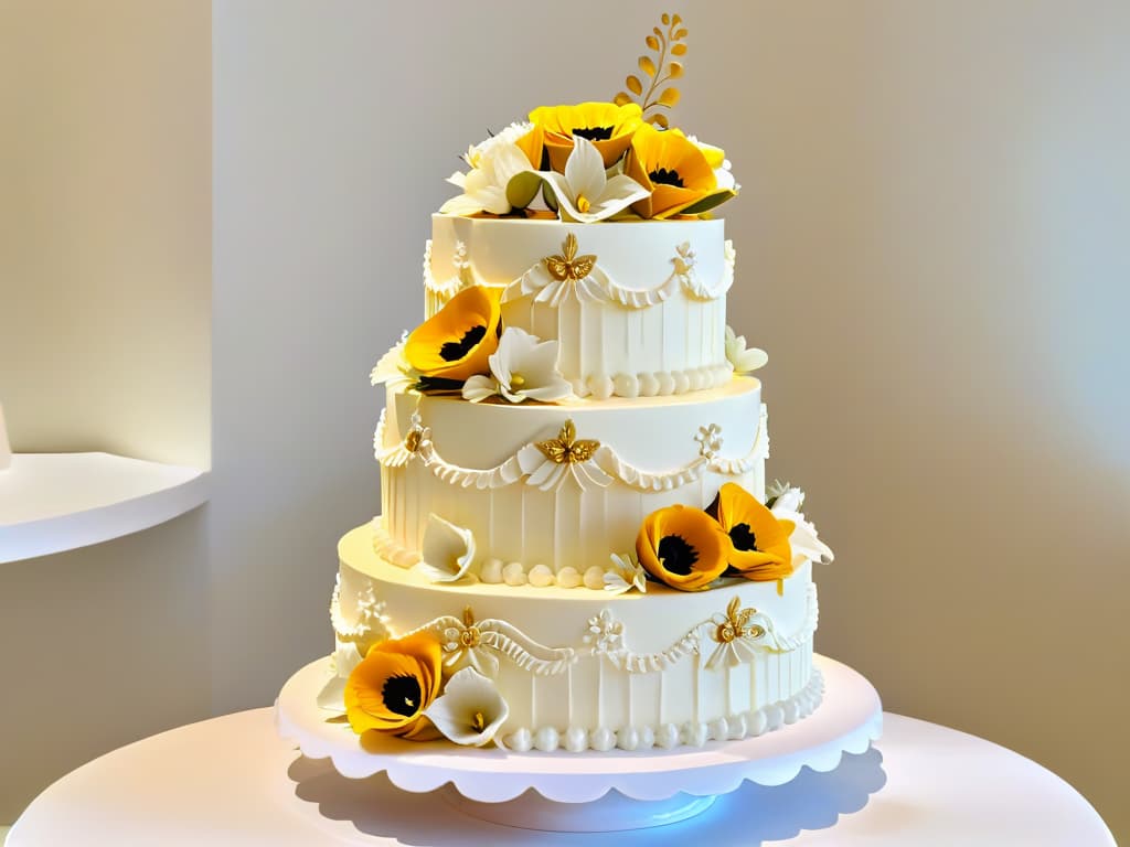  A photorealistic image of a beautifully decorated threetiered cake, featuring intricate piping details, delicate sugar flowers, and shimmering edible gold accents. The cake is displayed on a pristine white pedestal stand against a soft, blurred background to highlight the exquisite craftsmanship and artistry that can be achieved through the transformation of pastry designs using Adobe Photoshop. hyperrealistic, full body, detailed clothing, highly detailed, cinematic lighting, stunningly beautiful, intricate, sharp focus, f/1. 8, 85mm, (centered image composition), (professionally color graded), ((bright soft diffused light)), volumetric fog, trending on instagram, trending on tumblr, HDR 4K, 8K