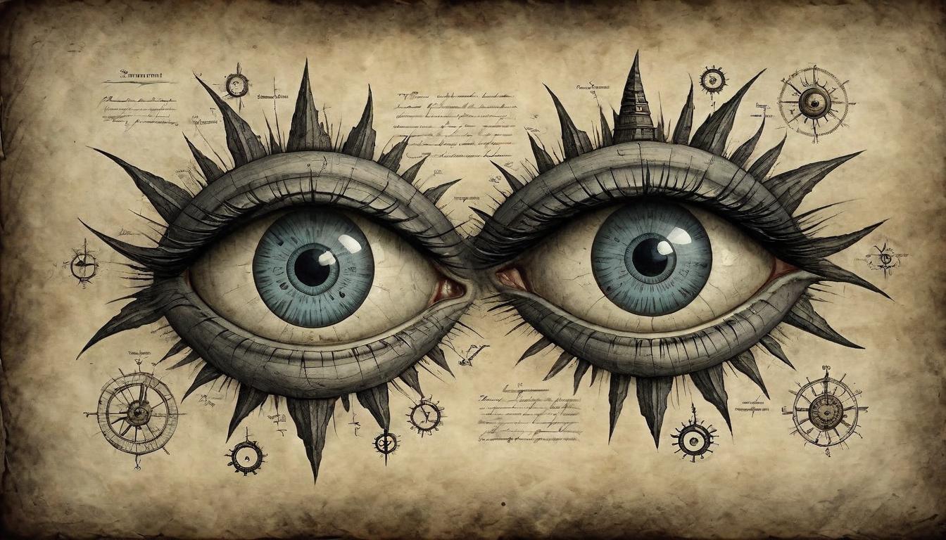  on parchment, surrealism+++, eyes blinking out of sync, mechanical motion, dark background, strange, disconcerting(mysterious, provocative, symbolic,muted color)+++