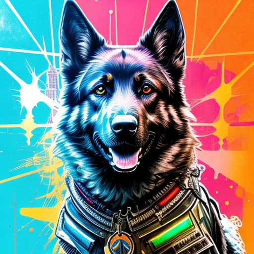  German Shepard cyberpunk , Acid wash effect, perfect anatomy, centered, approaching perfection, dynamic, highly detailed, artstation, concept art, smooth, sharp focus, illustration, art by Carne Griffiths and Wadim Kashin, graffiti airbrushing techniques, high definition, accent lighting, contrasted with bright paint colors, by Squal92i