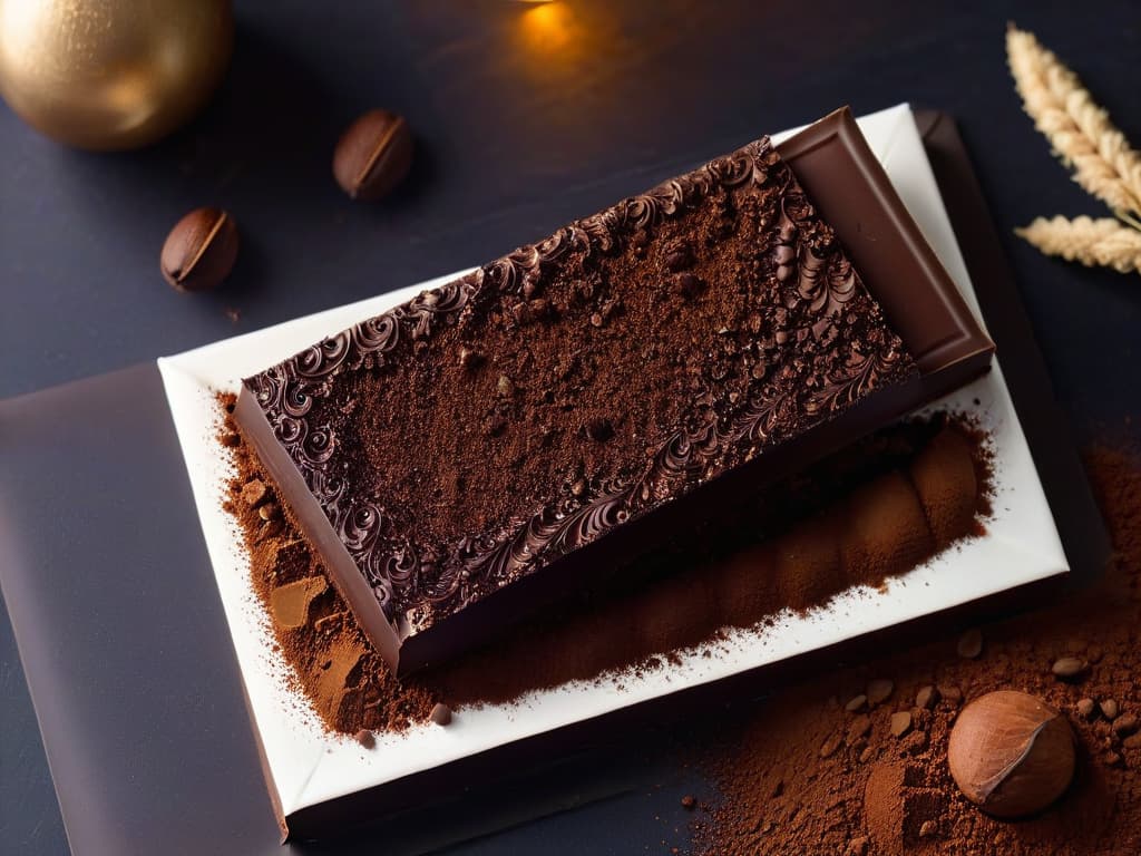  A closeup, ultradetailed image of a perfectly tempered chocolate bar with a glossy, shiny surface, showcasing intricate swirls and patterns on top. The chocolate is surrounded by a few cocoa beans and a sprinkle of cocoa powder for a minimalist and elegant look. The lighting is soft and highlights the smooth texture and rich color of the chocolate, creating a visually appealing and appetizing image. hyperrealistic, full body, detailed clothing, highly detailed, cinematic lighting, stunningly beautiful, intricate, sharp focus, f/1. 8, 85mm, (centered image composition), (professionally color graded), ((bright soft diffused light)), volumetric fog, trending on instagram, trending on tumblr, HDR 4K, 8K