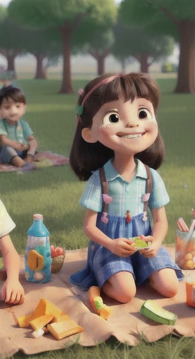  {Kids sitting around a picnic blanket, enjoying juice boxes and snacks., Children happily eating snacks, with crumbs on their faces and big smiles.