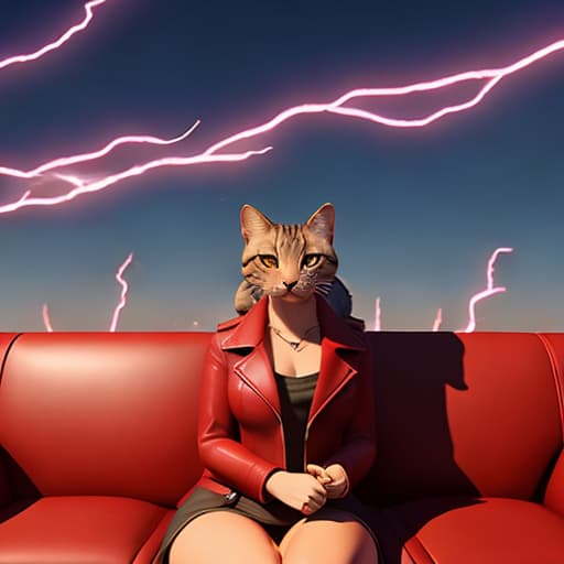  Feline God, body complete, cat face human, wearing red leather jacket Apple with lightning bolts in the background, structure maya. Lion shadow
