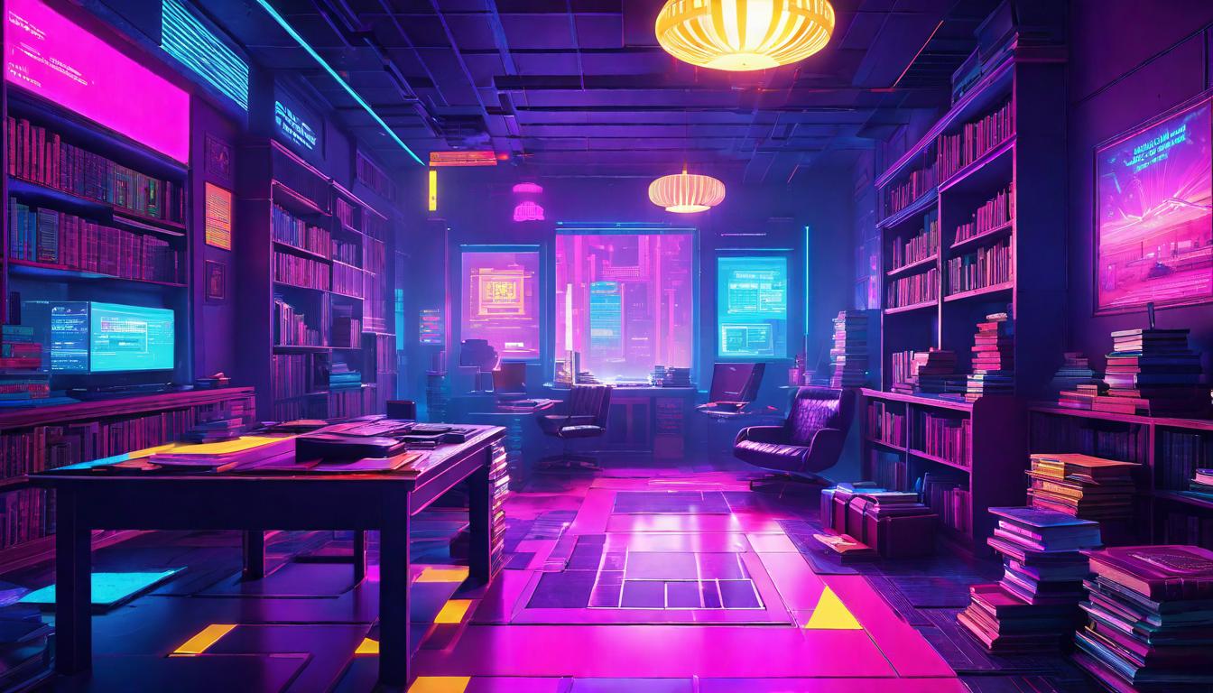  vaporwave,cyberpunk game style A candlelit room with scattered books, a quest for knowledge and self inquiry, Seeking answers, Illumination through learning, Quiet contemplationeon, dystopian, futuristic, digital, vibrant, detailed, high contrast, reminiscent of cyberpunk genre video games,retro aesthetic, cyberpunk, vibrant, neon colors, vintage 80s and 90s style, highly detailed