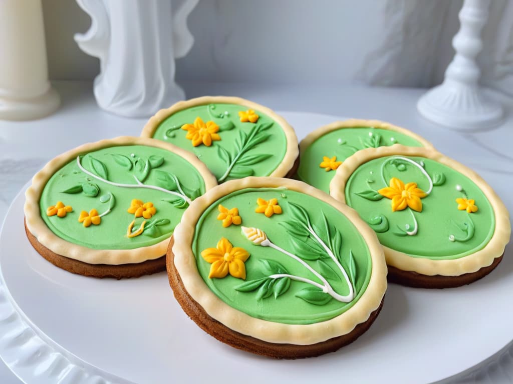  A closeup, highresolution image of intricate, delicately decorated sugar cookies arranged in a visually appealing pattern on a sleek, modern marble countertop. Each cookie is meticulously adorned with vibrant royal icing designs showcasing a variety of artistic techniques like intricate piping, delicate brush strokes, and fine detailing. The cookies feature a range of themes from floral patterns to abstract art, exuding creativity and craftsmanship. The overall aesthetic is minimalist, with a focus on the artistry and precision of the cookie decorations. hyperrealistic, full body, detailed clothing, highly detailed, cinematic lighting, stunningly beautiful, intricate, sharp focus, f/1. 8, 85mm, (centered image composition), (professionally color graded), ((bright soft diffused light)), volumetric fog, trending on instagram, trending on tumblr, HDR 4K, 8K