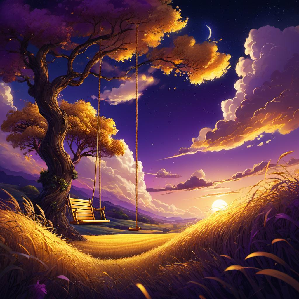 Field with Golden Straw Swing, clouds, vivid, highly detailed, anime style, hand-drawn, combined with digital art, night, whimsical, (enchanting atmosphere:1.1), warm lighting , depth of field, Wacom Cintiq, Adobe Photoshop, 300 DPI, (hdr:1.2), dark perple shadows