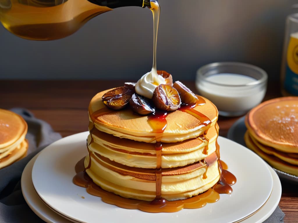  An ultradetailed closeup image of a golden, viscous stream of date syrup drizzling down the side of a stack of fluffy, freshly baked pancakes. The syrup glistens under a soft, natural light, showcasing its rich color and thick consistency. The pancakes are perfectly round and topped with a dollop of whipped cream and a few plump dates, creating a visually appealing and appetizing composition. hyperrealistic, full body, detailed clothing, highly detailed, cinematic lighting, stunningly beautiful, intricate, sharp focus, f/1. 8, 85mm, (centered image composition), (professionally color graded), ((bright soft diffused light)), volumetric fog, trending on instagram, trending on tumblr, HDR 4K, 8K