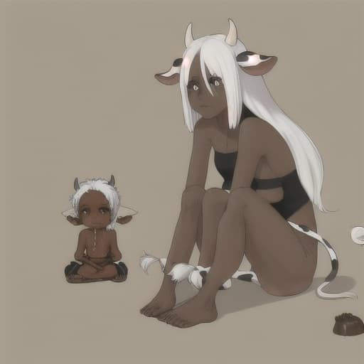  A beggar girl is a cow with dark gray skin and white hair, beige horns, and a cow's tail.