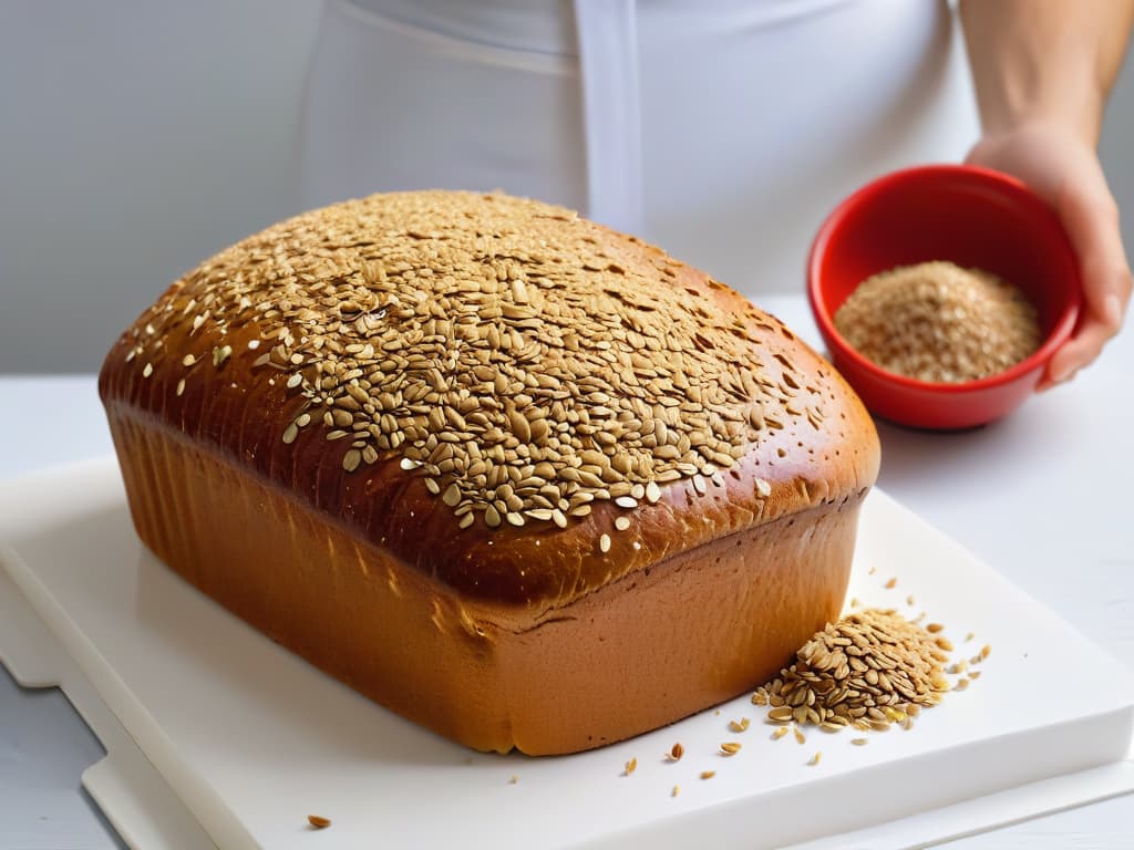  An ultradetailed image of a hand sprinkling golden flax seeds onto a freshly baked loaf of whole grain bread, showcasing the texture and nutritional benefits of incorporating flax seeds into healthy baking recipes. The background is a clean, white surface, emphasizing the simplicity and elegance of the image, perfect for a minimalistic aesthetic. hyperrealistic, full body, detailed clothing, highly detailed, cinematic lighting, stunningly beautiful, intricate, sharp focus, f/1. 8, 85mm, (centered image composition), (professionally color graded), ((bright soft diffused light)), volumetric fog, trending on instagram, trending on tumblr, HDR 4K, 8K