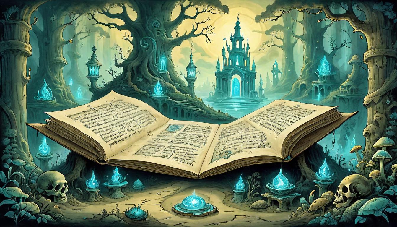  on parchment, surrealism+++, An alcove of ancient scrolls, illuminated by the light of bioluminescent fungi, each scroll an idea rejected by time but now revered, awakening of legacy, timeless wisdom, glowing path of enlightenment(mysterious, provocative, symbolic,muted color)+++