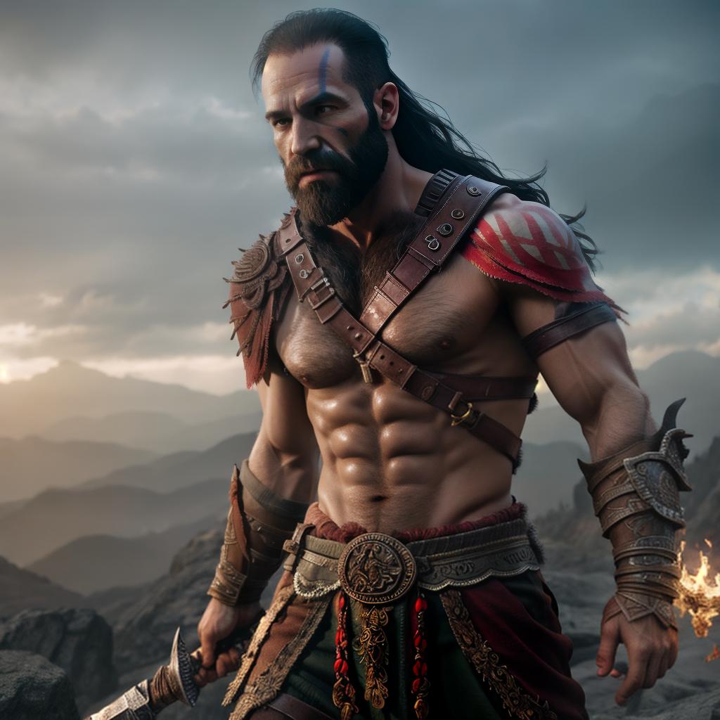  God of war hyperrealistic, full body, detailed clothing, highly detailed, cinematic lighting, stunningly beautiful, intricate, sharp focus, f/1. 8, 85mm, (centered image composition), (professionally color graded), ((bright soft diffused light)), volumetric fog, trending on instagram, trending on tumblr, HDR 4K, 8K