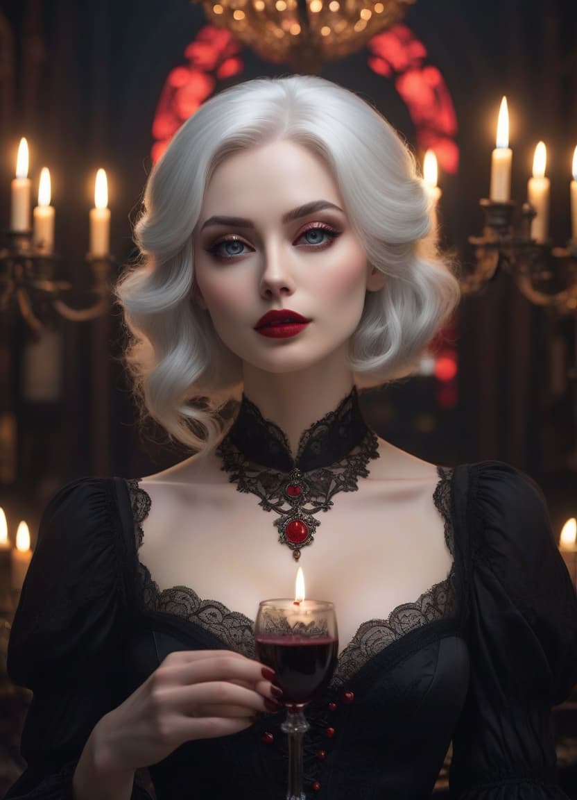  A beautiful with white hair, very pale skin, rosy cheeks, large eyes, thin facial features, and puffy lips is shown in a Gothic style in a black dress with lace, many candles in chandeliers creating a dim moonlight, a red amulet around her neck, a red wine gl, a black cat on her , and a blurry background. hyperrealistic, full body, detailed clothing, highly detailed, cinematic lighting, stunningly beautiful, intricate, sharp focus, f/1. 8, 85mm, (centered image composition), (professionally color graded), ((bright soft diffused light)), volumetric fog, trending on instagram, trending on tumblr, HDR 4K, 8K