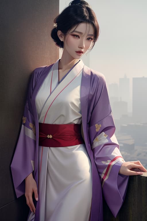  Portrait of a beautiful Asian woman, wearing a short low cut kimono, standing against a wall, teasing, sultry, buxom, gorgeous, best quality, 8k wallpaper, realistic photography hyperrealistic, full body, detailed clothing, highly detailed, cinematic lighting, stunningly beautiful, intricate, sharp focus, f/1. 8, 85mm, (centered image composition), (professionally color graded), ((bright soft diffused light)), volumetric fog, trending on instagram, trending on tumblr, HDR 4K, 8K