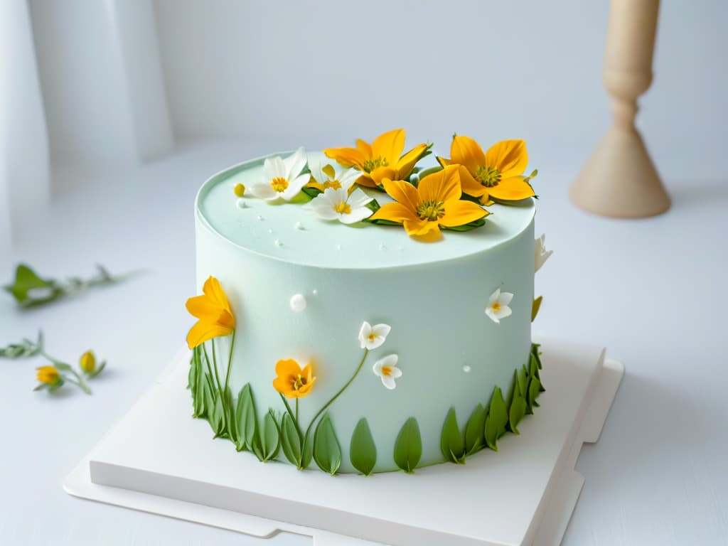  A beautifully minimalist image of a threetiered vegan cake adorned with delicate edible flowers and greenery, set against a clean white background with soft, natural lighting highlighting the intricate details of the cake decorations. hyperrealistic, full body, detailed clothing, highly detailed, cinematic lighting, stunningly beautiful, intricate, sharp focus, f/1. 8, 85mm, (centered image composition), (professionally color graded), ((bright soft diffused light)), volumetric fog, trending on instagram, trending on tumblr, HDR 4K, 8K