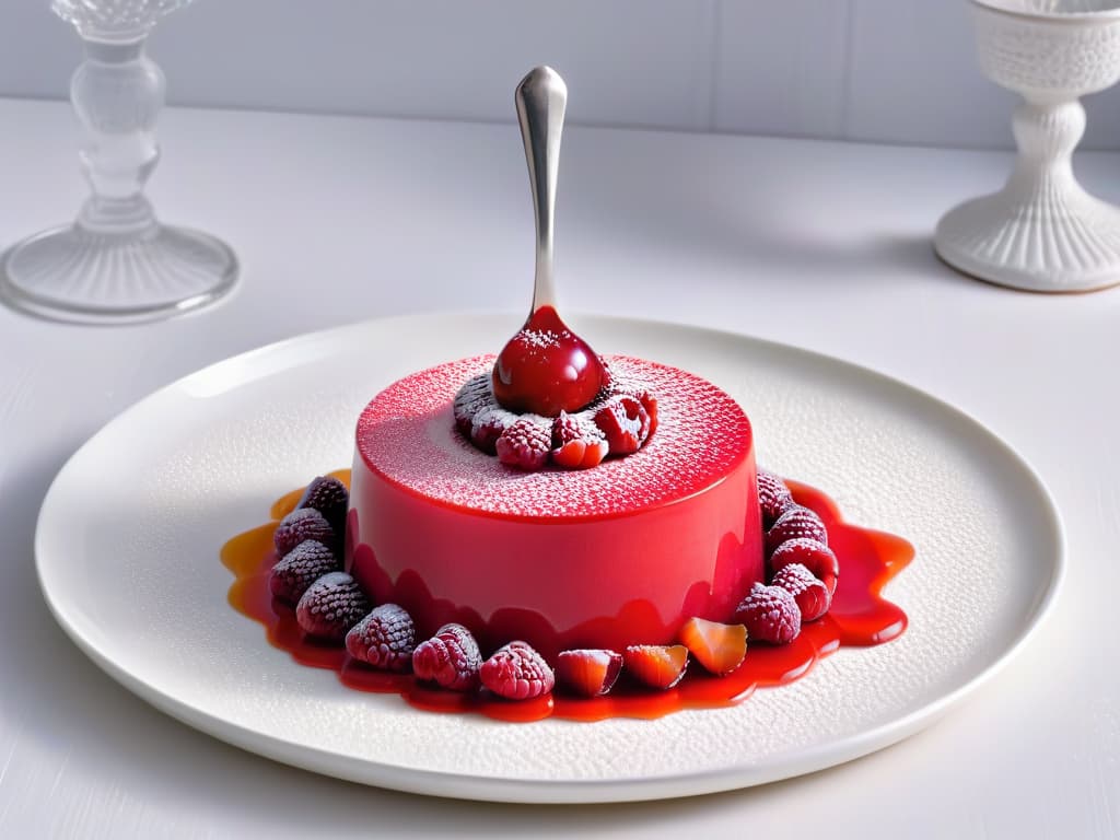  An ultradetailed closeup image of a vibrant raspberry panna cotta topped with a glossy raspberry coulis, delicately placed on a modern white porcelain plate with a sleek silver spoon resting beside it. The creamy dessert showcases a perfect wobble, capturing the intricate layers and textures of the gelatinbased treat. The vivid red hues of the raspberry contrast beautifully against the pristine white background, exuding elegance and sophistication in its presentation. hyperrealistic, full body, detailed clothing, highly detailed, cinematic lighting, stunningly beautiful, intricate, sharp focus, f/1. 8, 85mm, (centered image composition), (professionally color graded), ((bright soft diffused light)), volumetric fog, trending on instagram, trending on tumblr, HDR 4K, 8K