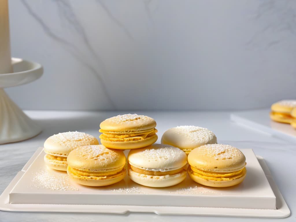  A highresolution, minimalist image featuring a split view of a delicate macaron and a perfectly baked madeleine side by side on a sleek, modern marble serving platter. The macaron showcases its pastelcolored shells with a glossy finish, filled with a luscious cream, while the madeleine appears goldenbrown and dusted with a light sprinkle of powdered sugar. The contrast between the smooth, round macaron and the shellshaped madeleine highlights the essence of the article's comparison, evoking elegance and sophistication in French pastry craftsmanship. hyperrealistic, full body, detailed clothing, highly detailed, cinematic lighting, stunningly beautiful, intricate, sharp focus, f/1. 8, 85mm, (centered image composition), (professionally color graded), ((bright soft diffused light)), volumetric fog, trending on instagram, trending on tumblr, HDR 4K, 8K