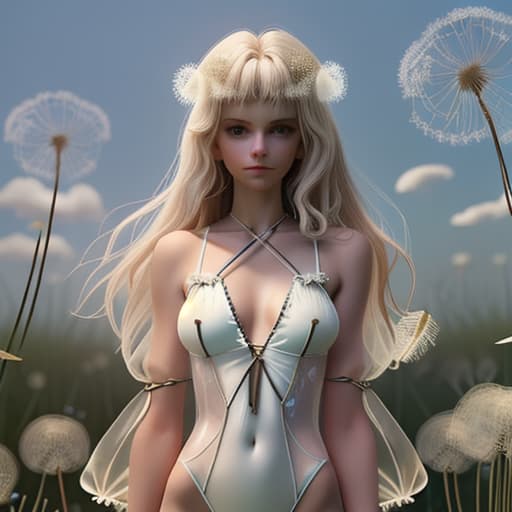  a transparent swimsuit woven from fluffy dandelions