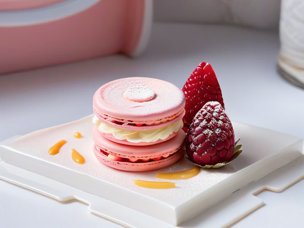  An ultradetailed closeup image of a delicate French macaron with a glossy surface, showcasing intricate layers of almond meringue, sandwiched with a smooth filling bursting with vibrant flecks of vanilla beans and fresh raspberries. The macaron sits elegantly on a sleek, modern ceramic plate, with soft natural lighting highlighting its pastel pink hue and exquisite texture, creating a visually captivating and mouthwatering composition that embodies the essence of international pastry artistry. hyperrealistic, full body, detailed clothing, highly detailed, cinematic lighting, stunningly beautiful, intricate, sharp focus, f/1. 8, 85mm, (centered image composition), (professionally color graded), ((bright soft diffused light)), volumetric fog, trending on instagram, trending on tumblr, HDR 4K, 8K