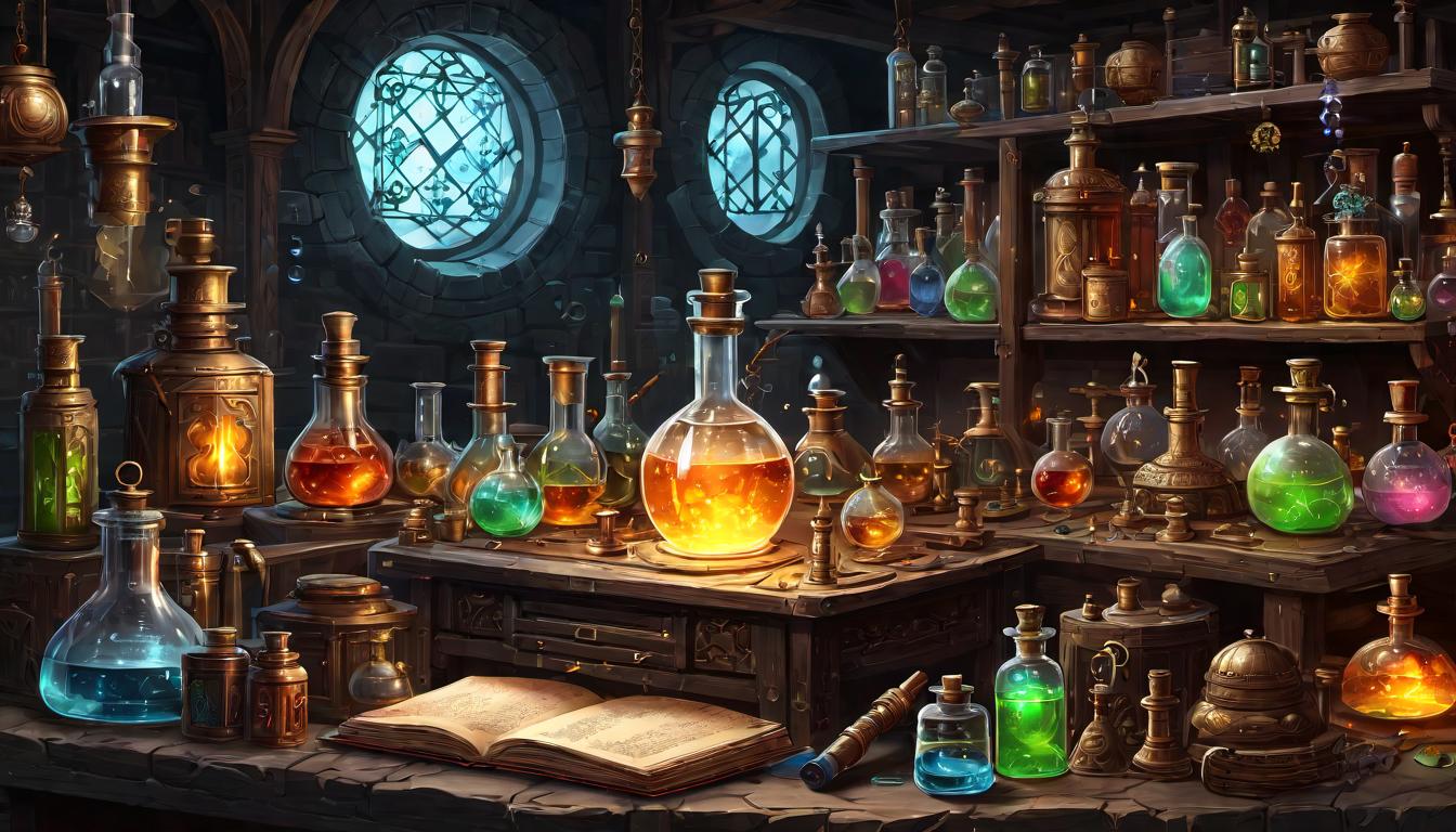  digital painting of Elaborate alchemist's laboratory, flasks and vials containing glowing substances, ancient texts scattered, transformation, mystical, ancient sciences looking at viewer, dynamic pose, (intricate details, masterpiece, best quality)