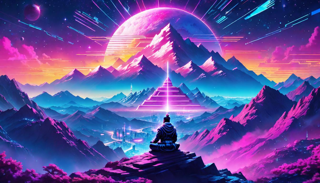  vaporwave,cyberpunk game style A figure meditating atop a mountain under starry skies, integrating experiences, celestial connection, protected from burnout, aligned with cosmic pace, starlit introspection.eon, dystopian, futuristic, digital, vibrant, detailed, high contrast, reminiscent of cyberpunk genre video games,retro aesthetic, cyberpunk, vibrant, neon colors, vintage 80s and 90s style, highly detailed