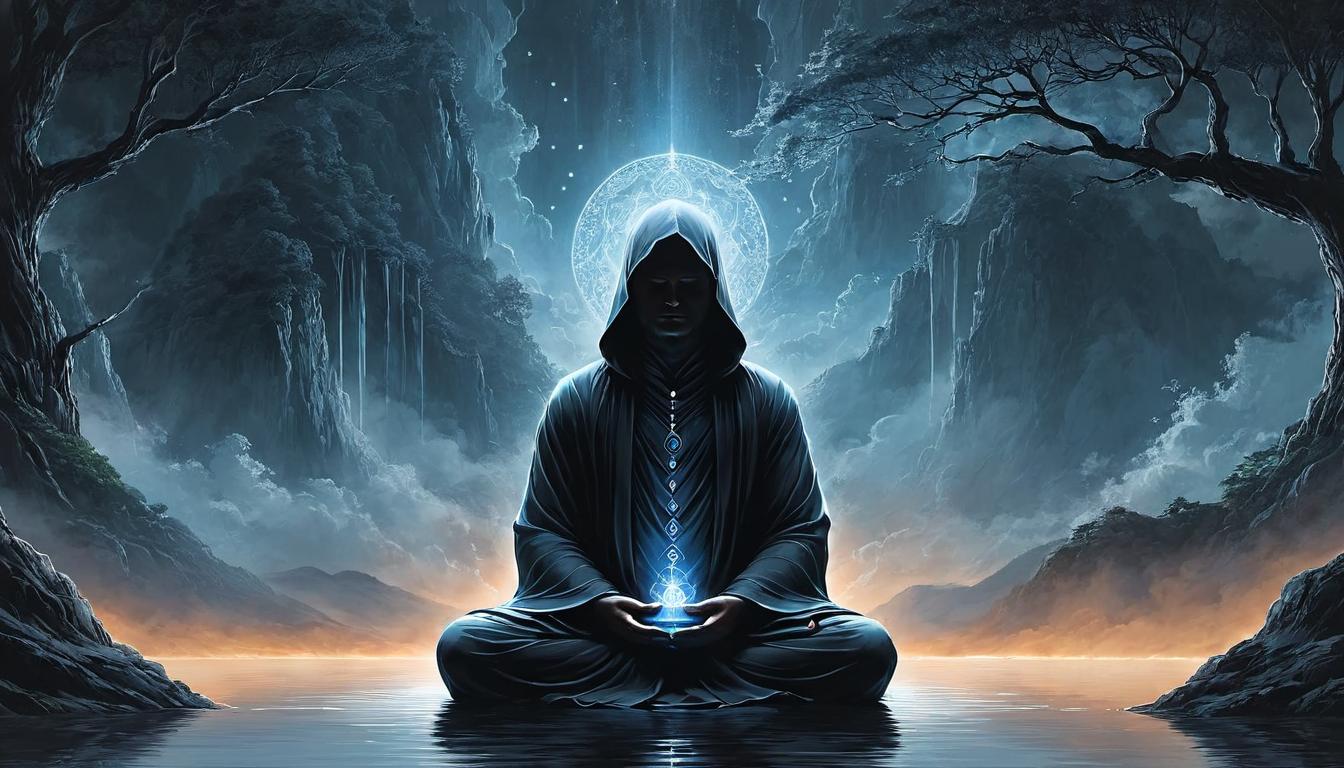  （surrealism)figure in calm meditation pose, tranquil expression, serene surroundings, detaching from dark tendrils, flowing robes, light aura shielding from darkness, calm, resolute mystic, intricate details, best quality)