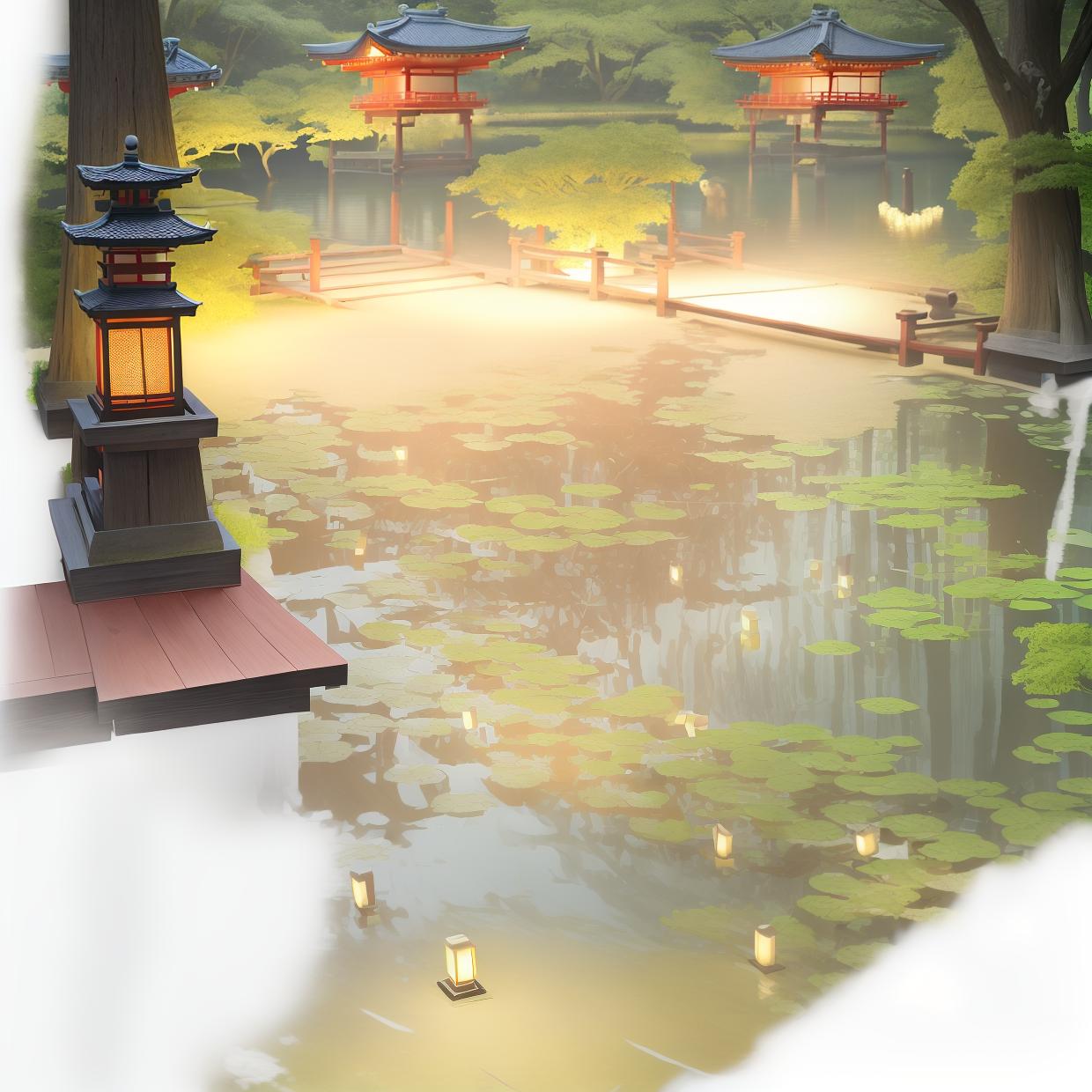  masterpiece, best quality,(fidelity: 1.4), best quality, masterpiece, ultra high resolution, 8k resolution, night view inspired by Japanese art, featuring a garden illuminated by paper lanterns and a wooden bridge spanning a tranquil lake with a small Zen temple by the lake. The water reflects the stars.