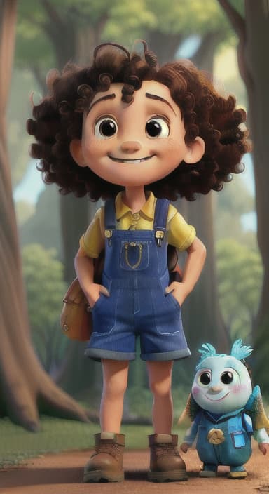  {The tree with a smiling face formed by its bark, looking down at Riley., Riley, a curious with big brown eyes and curly hair, wearing overalls and carrying a small backpack. Their friend, Skye, a bluebird with shiny feathers.