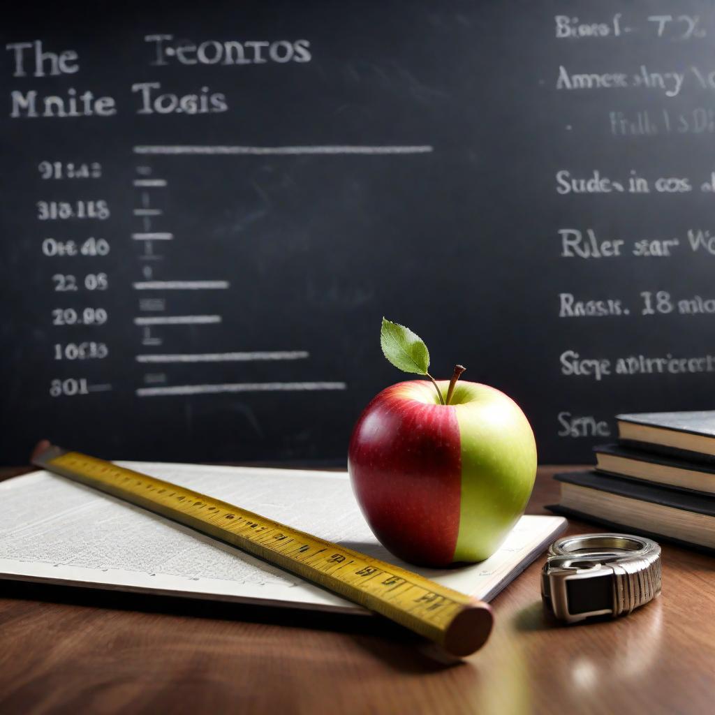  An apple, ruler, and chalkboard in clip art style. hyperrealistic, full body, detailed clothing, highly detailed, cinematic lighting, stunningly beautiful, intricate, sharp focus, f/1. 8, 85mm, (centered image composition), (professionally color graded), ((bright soft diffused light)), volumetric fog, trending on instagram, trending on tumblr, HDR 4K, 8K