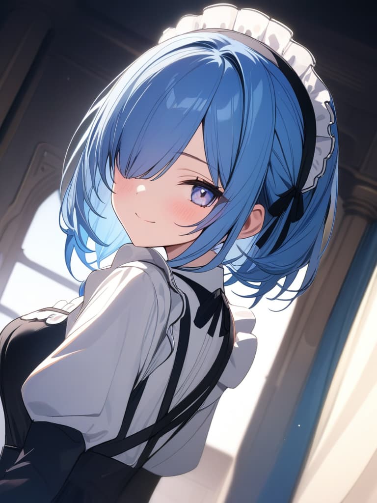  ultra detailed:1.2masterpiece:1.2,best quality,masterpiece,bestquality,hdr:1.1,8k:1.1,very cute :1.3,long hair forehead :1.4,hair hair over eyes,(blue hair )(maid :1.4, smile ,upper body,Dutch angles:1.3,luxury room:1.3,celtic patterns:1.2,face focus:1.3, masterpiece, best quality,8k,ultra detailed,high resolution,an extremely delicate and beautiful,hyper detail