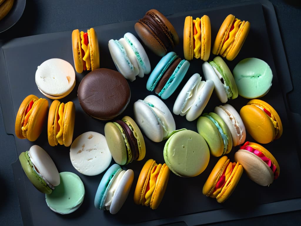  A closeup, highresolution image of a perfectly baked batch of colorful macarons arranged in a symmetrical pattern on a sleek, matte black surface. Each macaron is flawlessly smooth with delicate feet, showcasing a variety of pastel shades like soft pink, pale blue, mint green, and lavender. The natural light illuminates the macarons, highlighting their glossy finish and inviting texture. The minimalist composition emphasizes the elegance and precision required to master these French delicacies, making it a visually striking addition to the article. hyperrealistic, full body, detailed clothing, highly detailed, cinematic lighting, stunningly beautiful, intricate, sharp focus, f/1. 8, 85mm, (centered image composition), (professionally color graded), ((bright soft diffused light)), volumetric fog, trending on instagram, trending on tumblr, HDR 4K, 8K