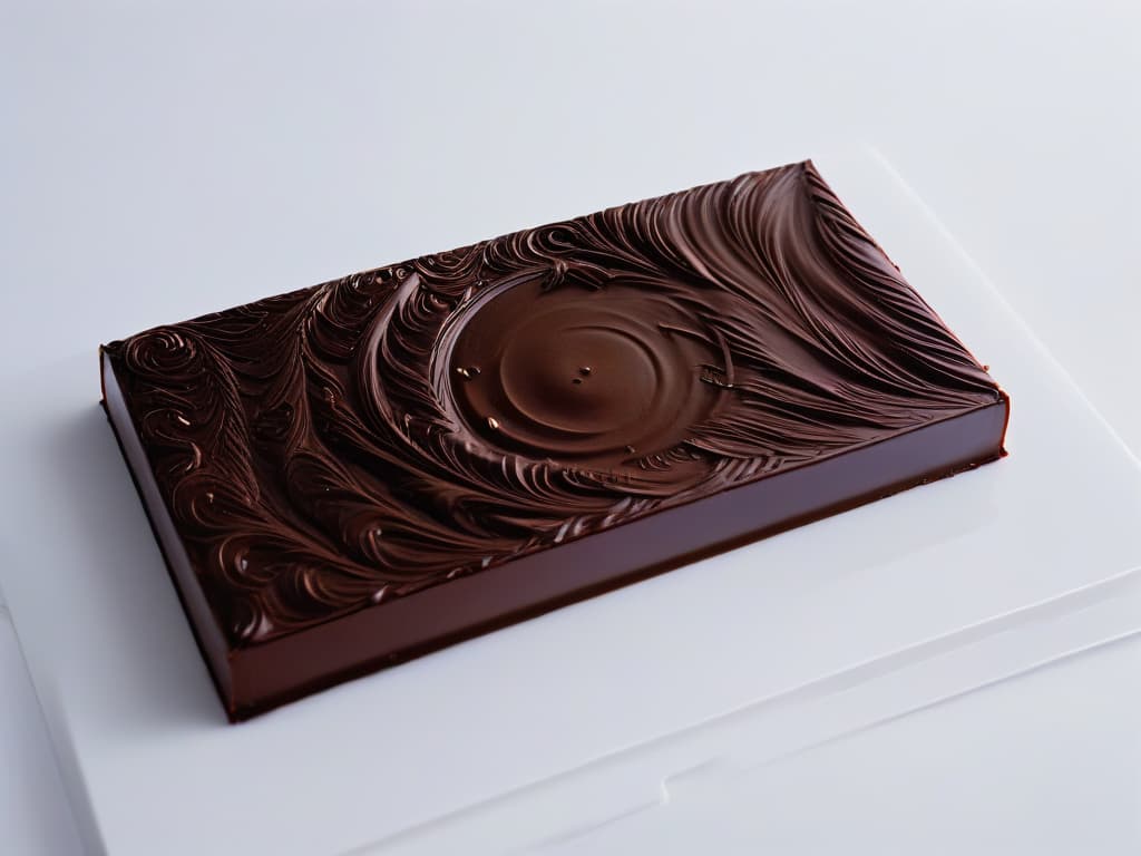  A closeup, ultradetailed image of a perfectly tempered chocolate bar, showcasing a glossy, smooth surface with intricate swirl patterns and a satisfying snap when broken. The chocolate is set against a stark white background to emphasize its flawless texture and shine, highlighting the precision and artistry of the tempering process. hyperrealistic, full body, detailed clothing, highly detailed, cinematic lighting, stunningly beautiful, intricate, sharp focus, f/1. 8, 85mm, (centered image composition), (professionally color graded), ((bright soft diffused light)), volumetric fog, trending on instagram, trending on tumblr, HDR 4K, 8K