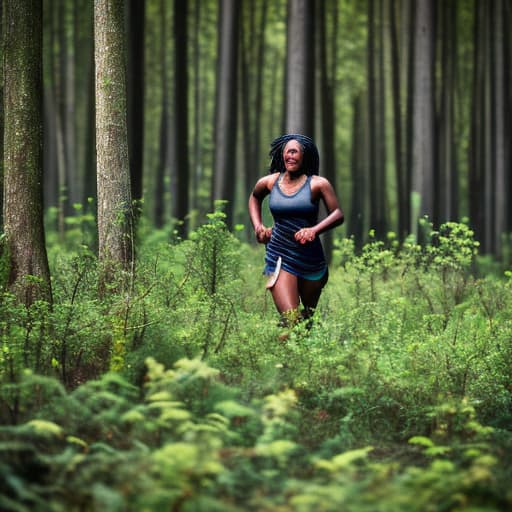  An African age with torn and dirty clothes is running desperately through the forest. Her face is smudged with dirt and tears, and her eyes are wide with fear. She is barefoot and her clothes are torn, cuts and bruises on her skin. She is running from something, but it is not clear what. The forest is dark and dense, and the trees seem to be closing in on her. The air is with the smell of damp earth and rotting leaves. The only sound is the 's ragged breathing and the sound of her feet pounding on the ground. The runs until she can run no more. She colses on the ground, exhausted and afraid. She curls up into a ball and tries to hide her face from the world. But she is not alone. A pair of glowing re hyperrealistic, full body, detailed clothing, highly detailed, cinematic lighting, stunningly beautiful, intricate, sharp focus, f/1. 8, 85mm, (centered image composition), (professionally color graded), ((bright soft diffused light)), volumetric fog, trending on instagram, trending on tumblr, HDR 4K, 8K