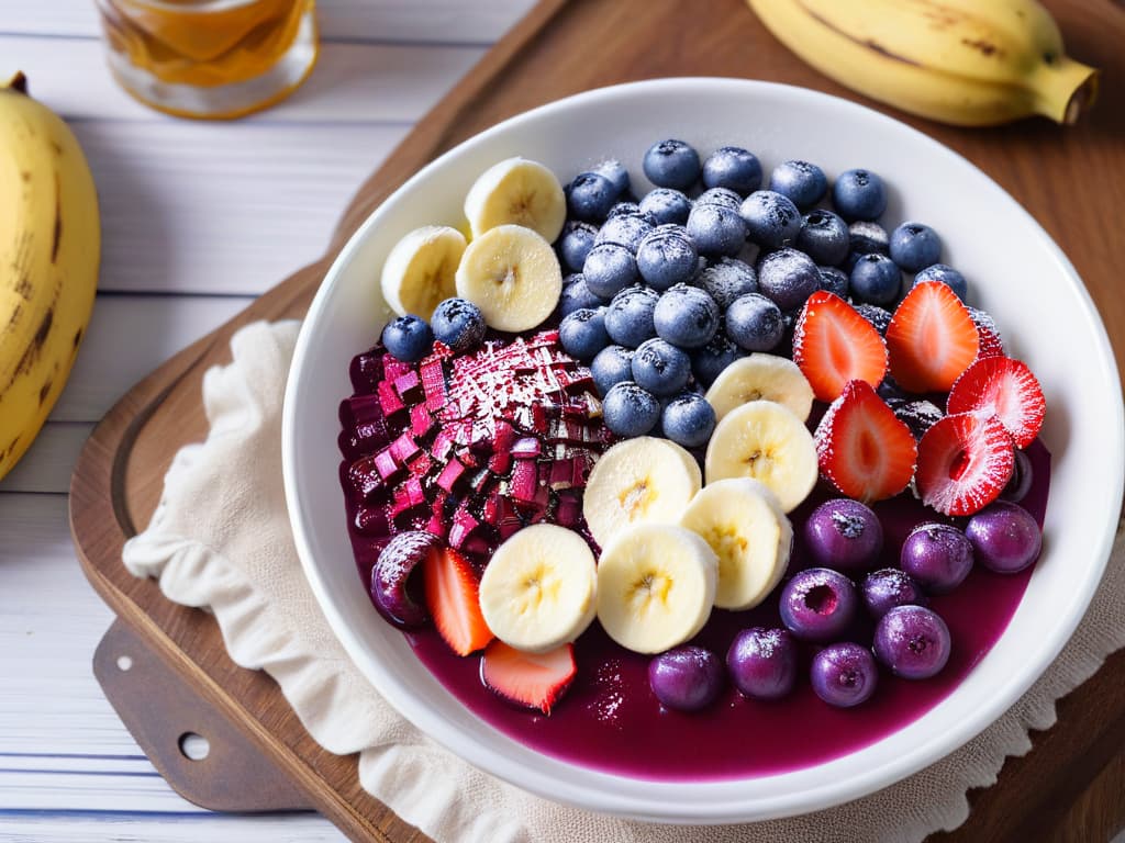  An ultradetailed closeup image of a vibrant açaí bowl topped with fresh berries, sliced bananas, coconut flakes, and a drizzle of honey, all beautifully arranged in a white ceramic bowl set on a rustic wooden table. The açaí mixture is perfectly smooth and rich purple in color, contrasting with the colorful toppings to create a visually stunning and appetizing composition. The lighting is soft, emphasizing the textures and colors of the ingredients, while showcasing the natural beauty of this energizing and exotic superfood dessert. hyperrealistic, full body, detailed clothing, highly detailed, cinematic lighting, stunningly beautiful, intricate, sharp focus, f/1. 8, 85mm, (centered image composition), (professionally color graded), ((bright soft diffused light)), volumetric fog, trending on instagram, trending on tumblr, HDR 4K, 8K