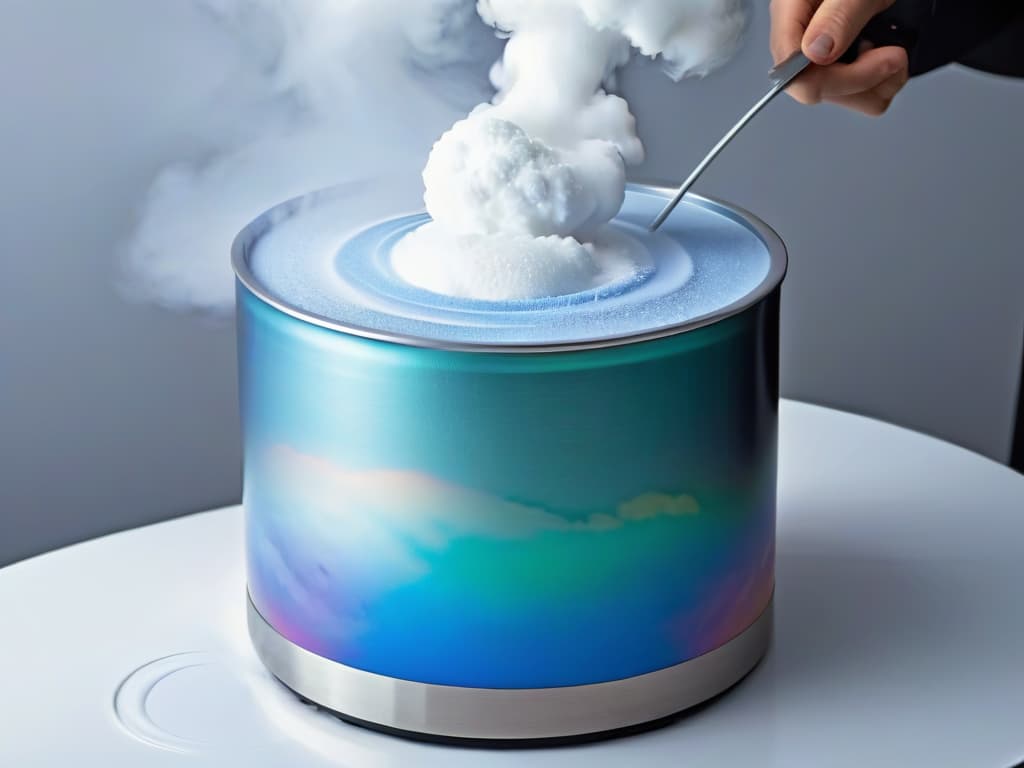  An ultradetailed image of a pristine, sleek stainless steel canister of liquid nitrogen surrounded by a soft, ethereal mist, with the container's surface reflecting a rainbow of colors in the light. The liquid nitrogen inside appears to be swirling and dancing, creating a mesmerizing and magical effect that evokes a sense of wonder and innovation in the field of molecular gastronomy. hyperrealistic, full body, detailed clothing, highly detailed, cinematic lighting, stunningly beautiful, intricate, sharp focus, f/1. 8, 85mm, (centered image composition), (professionally color graded), ((bright soft diffused light)), volumetric fog, trending on instagram, trending on tumblr, HDR 4K, 8K