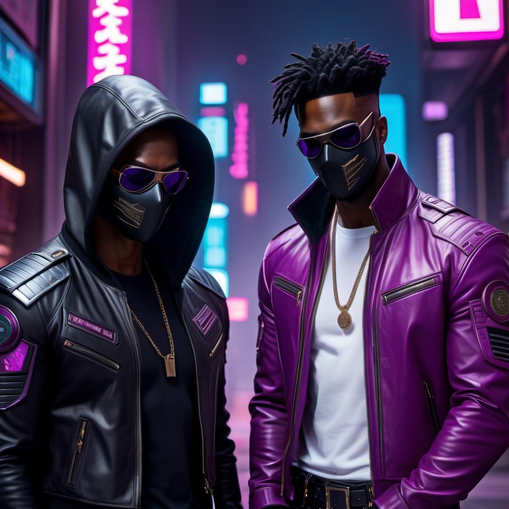  neonpunk style Translation: A black friend and a friend wearing a black mask (men) in a cartoon drawing with a minimum of details. . cyberpunk, vaporwave, neon, vibes, vibrant, stunningly beautiful, crisp, detailed, sleek, ultramodern, magenta highlights, dark purple shadows, high contrast, cinematic, ultra detailed, intricate, professional hyperrealistic, full body, detailed clothing, highly detailed, cinematic lighting, stunningly beautiful, intricate, sharp focus, f/1. 8, 85mm, (centered image composition), (professionally color graded), ((bright soft diffused light)), volumetric fog, trending on instagram, trending on tumblr, HDR 4K, 8K