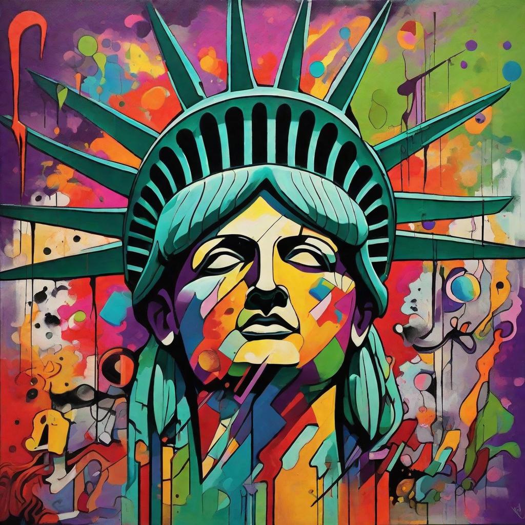  masterpiece, best quality, A vibrant explosion of colors and shapes fills the frame, resembling a surreal statue of liberty. The artwork features bizarre and surreal elements, with abstract figures, distorted faces, and twisted limbs seamlessly blending into the background. The environment is an urban setting, The mood is mysterious and thought-provoking, evoking a sense of curiosity and intrigue. The style is a unique blend of graffiti art and strange surrealism, with bold and expressive brushstrokes adding depth and texture to the composition. The lighting is dramatic, casting deep shadows and highlighting select areas of the artwork to create a sense of depth and dimension. The realization is a digital painting created using a graphics t