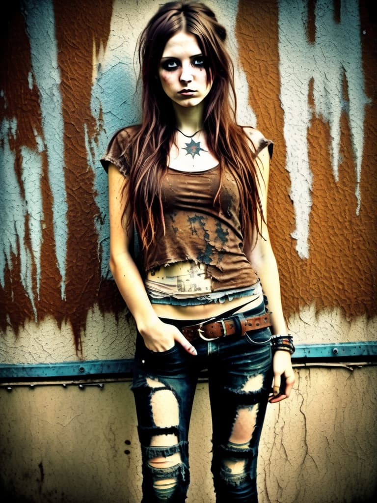  grunge style texture HDR photo of girl in full growth, front view, Without clothing, small, realistic skin texture, long brown hair, without, extremely detailed, posing for the camera, full length photo . textured, distressed, vintage, edgy, punk rock vibe, dirty, noisy