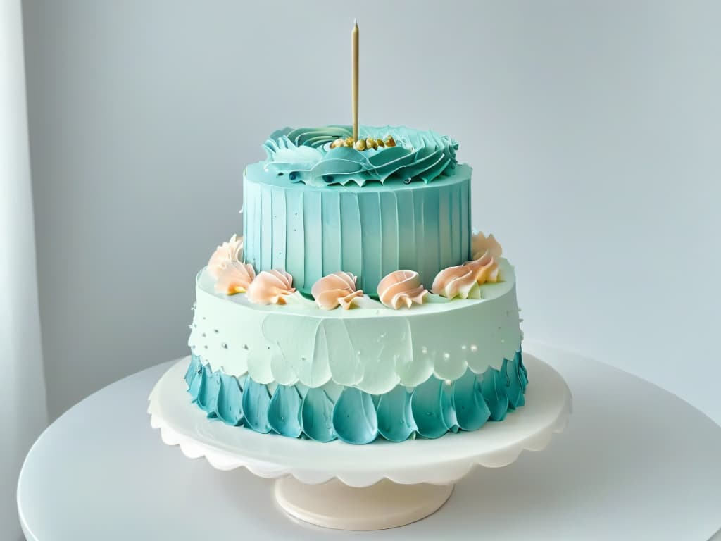  A closeup, minimalist image of a beautifully decorated traditional cake displayed on a pristine white cake stand. The cake is adorned with intricate icing details in pastel colors, showcasing layers of sponge and frosting. The lighting is soft, casting gentle shadows that highlight the texture and artistry of the cake's design. hyperrealistic, full body, detailed clothing, highly detailed, cinematic lighting, stunningly beautiful, intricate, sharp focus, f/1. 8, 85mm, (centered image composition), (professionally color graded), ((bright soft diffused light)), volumetric fog, trending on instagram, trending on tumblr, HDR 4K, 8K