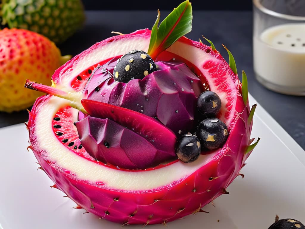  An ultradetailed closeup image of a vibrant, perfectly ripe dragon fruit sliced in half to reveal its striking fuchsia flesh speckled with tiny black seeds, set against a clean, white background. The image showcases the intricate patterns and textures of the exotic fruit, highlighting its freshness and uniqueness, making it a visually stunning and compelling addition to the article on the future of exotic fruits in modern pastrymaking. hyperrealistic, full body, detailed clothing, highly detailed, cinematic lighting, stunningly beautiful, intricate, sharp focus, f/1. 8, 85mm, (centered image composition), (professionally color graded), ((bright soft diffused light)), volumetric fog, trending on instagram, trending on tumblr, HDR 4K, 8K